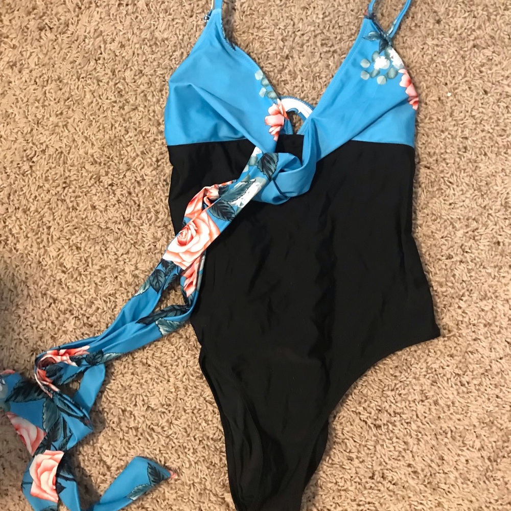Blue and Black One Piece Swimsuit with Cutout Design